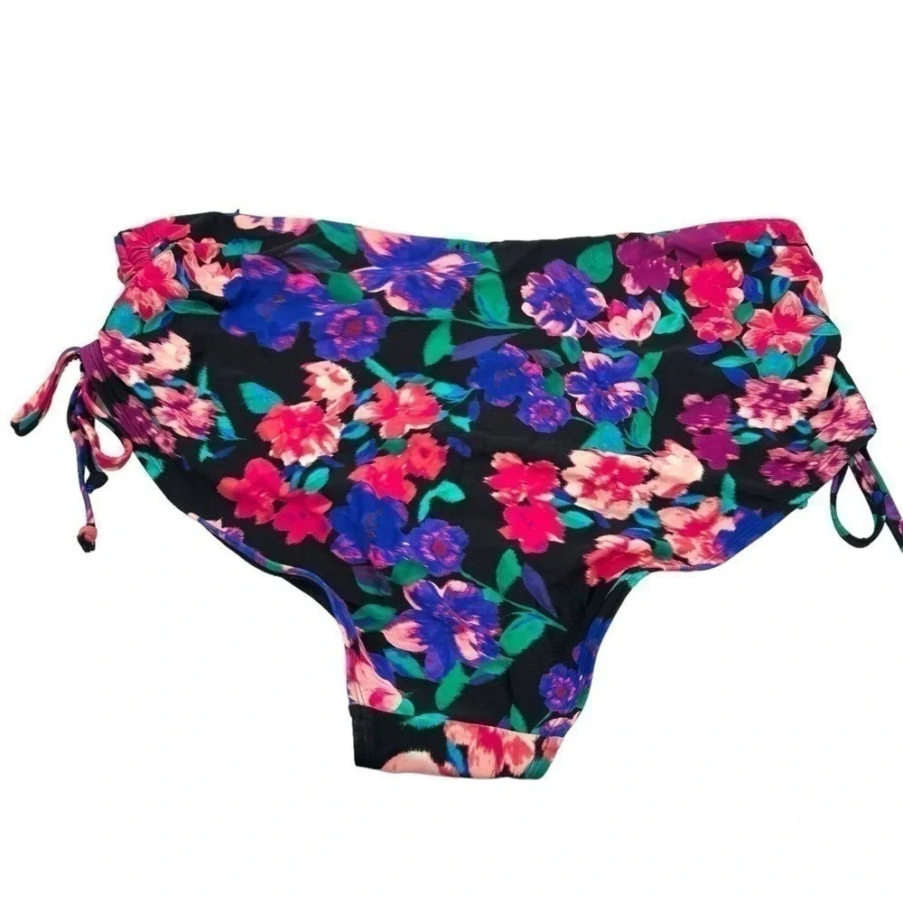 Time and Tru Womens Plus 1X‎ Floral High Waist Bikini Bottom Black Pink Purple